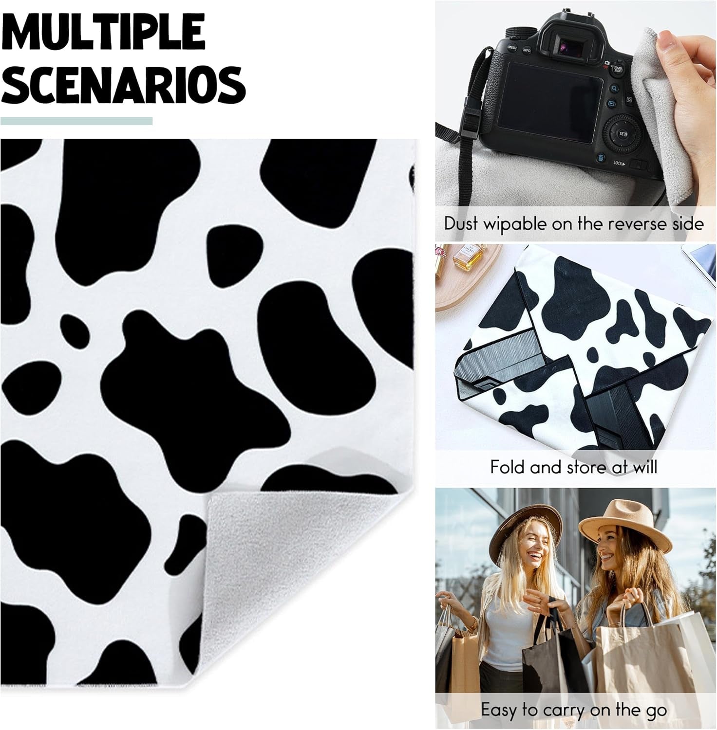Self-Adhesive Magic Cloth Makeup Bag 2 PCS Camera Lens Wrap Cute Cow Pattern Design Self Adhesive Organizing and Storage Bag Lazy Travel Makeup Bag