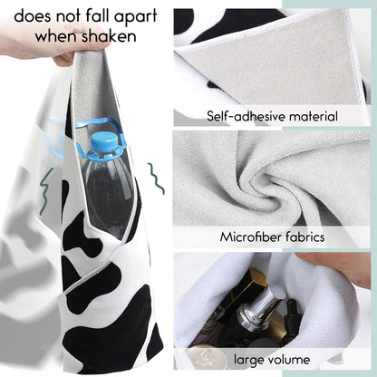 Self-Adhesive Magic Cloth Makeup Bag 2 PCS Camera Lens Wrap Cute Cow Pattern Design Self Adhesive Organizing and Storage Bag Lazy Travel Makeup Bag