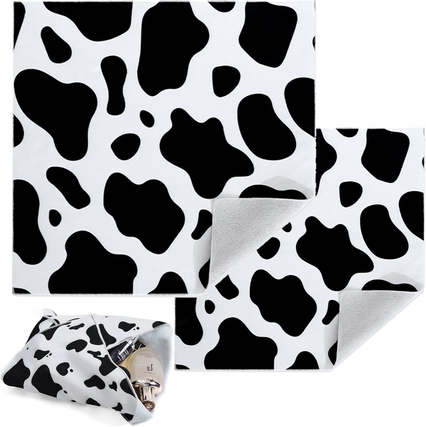 Self-Adhesive Magic Cloth Makeup Bag 2 PCS Camera Lens Wrap Cute Cow Pattern Design Self Adhesive Organizing and Storage Bag Lazy Travel Makeup Bag