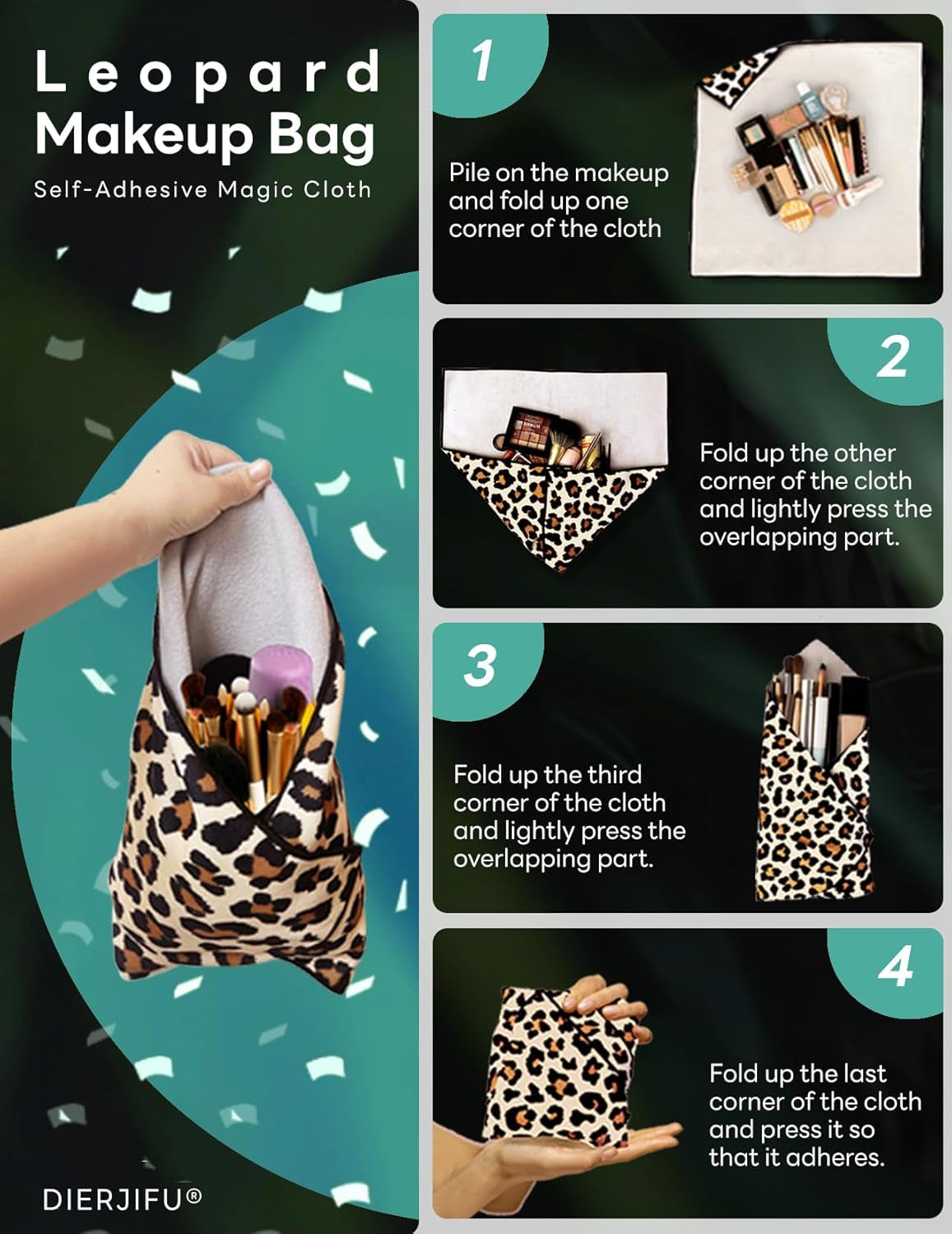 Self-Adhesive Magic Cloth Leopard Makeup Bag & Camera Lens Protective Wrap | Reusable Portable Cosmetic Pouch | Scratch-Resistant Travel Organizer, Gifts for Women Girls(19.7"X19.7")