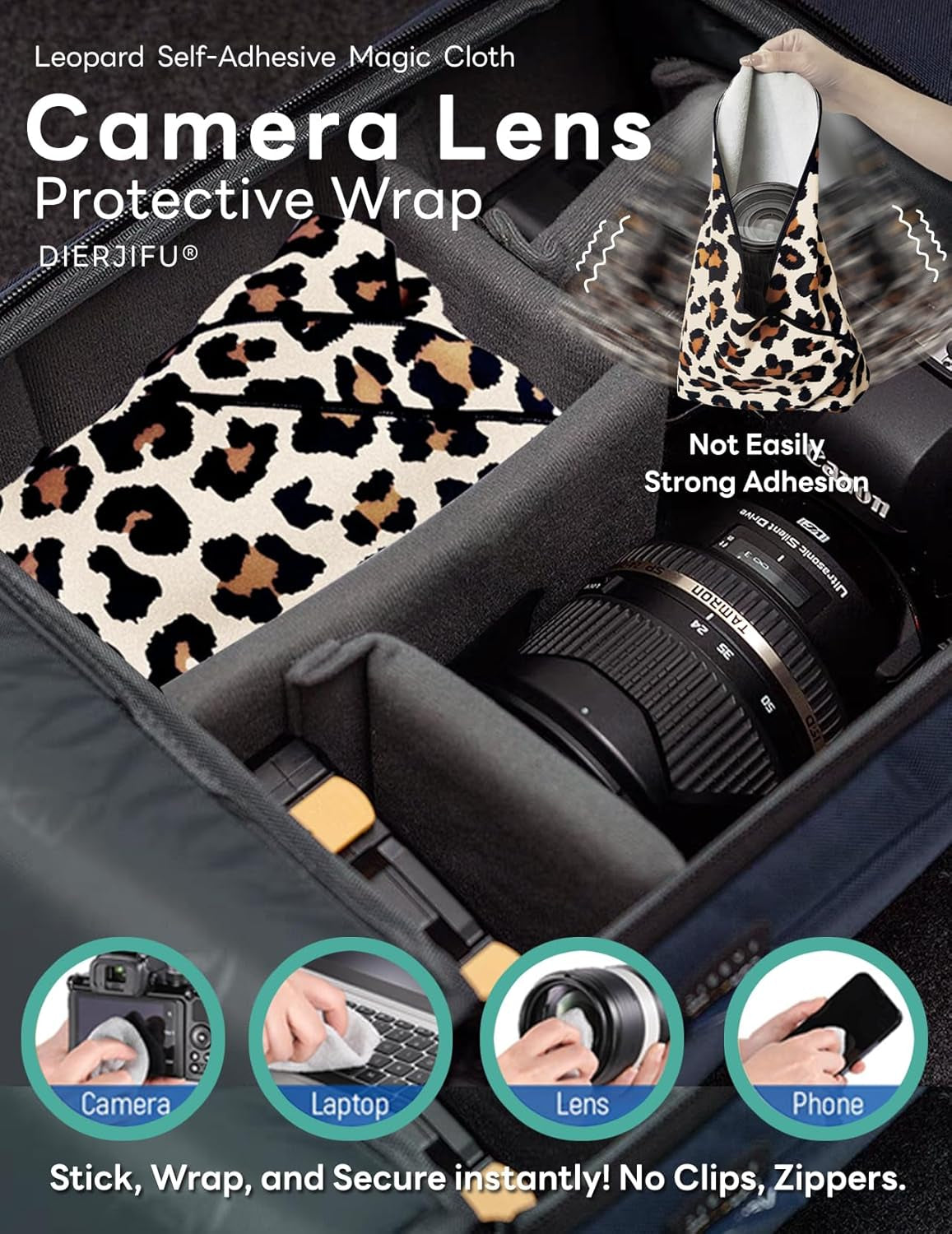 Self-Adhesive Magic Cloth Leopard Makeup Bag & Camera Lens Protective Wrap | Reusable Portable Cosmetic Pouch | Scratch-Resistant Travel Organizer, Gifts for Women Girls(19.7"X19.7")